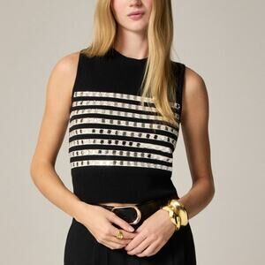 J.Crew Embellished Sweater Shell WMNS M Black Silver Sleeveless Cotton Crew Neck